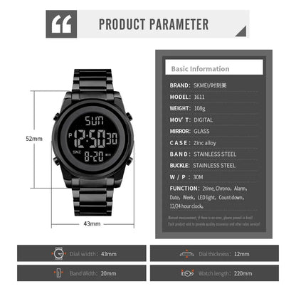 Waterproof Digital Watch - SKMEI Men's Stainless Steel Sports Chronograph Wristwatch - ZOOMNSTORE