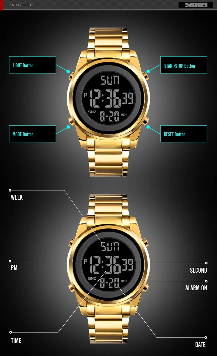 Waterproof Digital Watch - SKMEI Men's Stainless Steel Sports Chronograph Wristwatch - ZOOMNSTORE