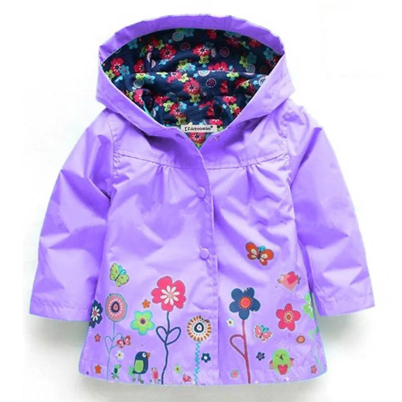 Girls Waterproof Windcoat - Autumn Casual Flower Print Hoodie Jacket - ZOOMNSTORE