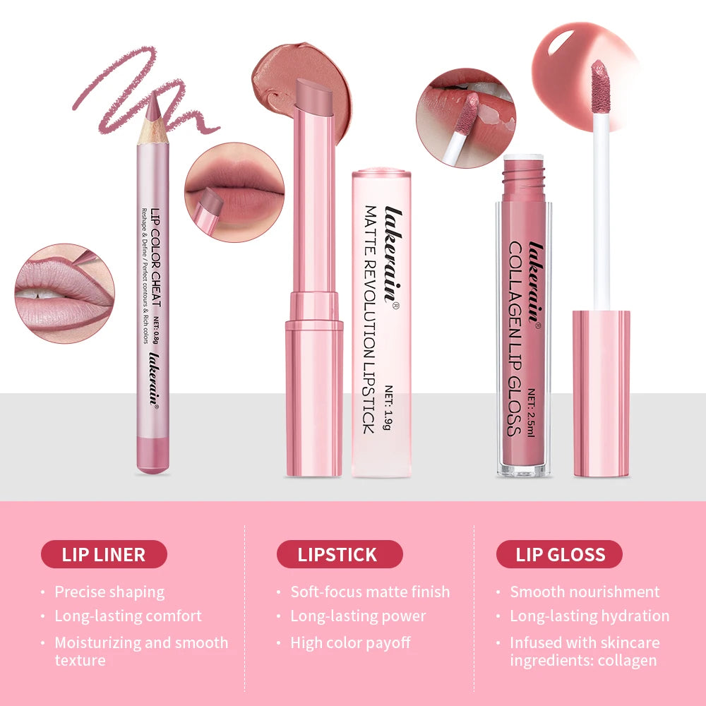 Waterproof Lipstick  Lipliner Set - Long Lasting Matte Mini Makeup 3pcs - ZOOMNSTORE