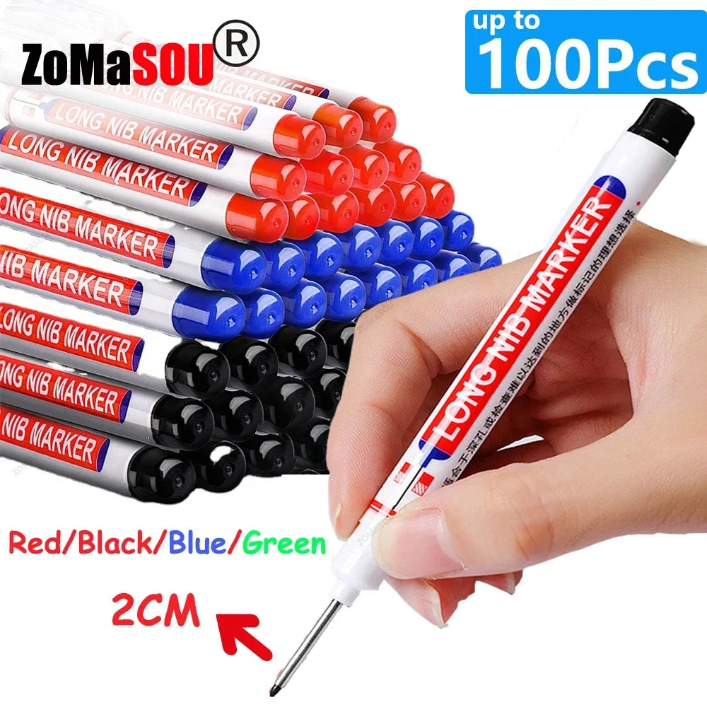 1-100Pcs 2cm Waterproof Long Head Markers Deep Hole Marker Pen for Metal Carpenter Red/Black/Blue/Green Ink Woodworking Tools - ZOOMNSTORE