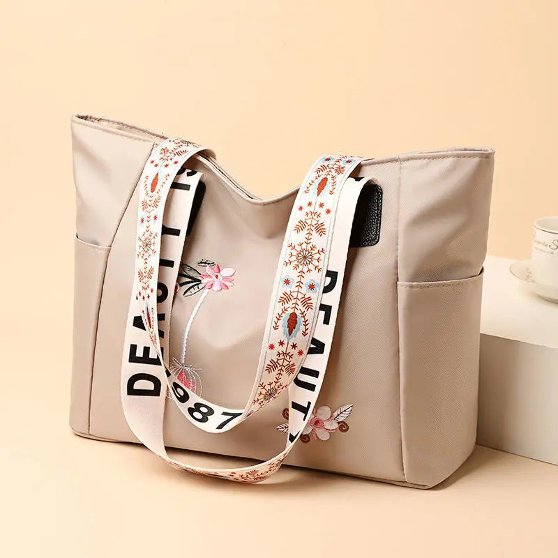 Waterproof Nylon Handbag – Large Capacity Women Shoulder Bag With Floral Embroidery - ZOOMNSTORE