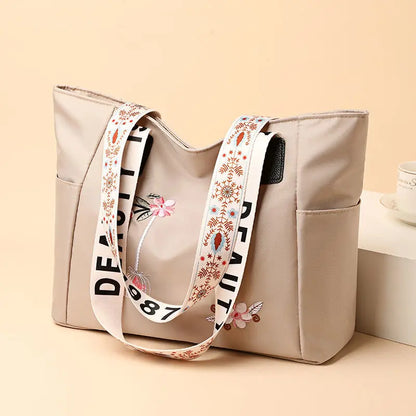 Waterproof Nylon Handbag – Large Capacity Women Shoulder Bag With Floral Embroidery - ZOOMNSTORE