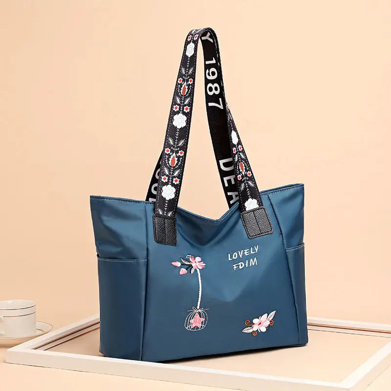 Waterproof Nylon Handbag – Large Capacity Women Shoulder Bag With Floral Embroidery - ZOOMNSTORE