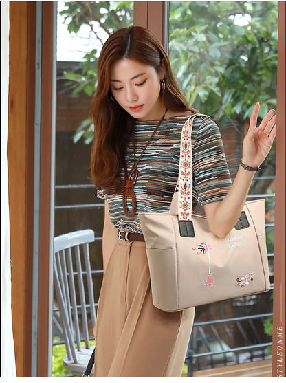 Waterproof Nylon Handbag – Large Capacity Women Shoulder Bag With Floral Embroidery - ZOOMNSTORE