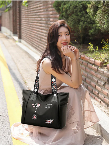 Waterproof Nylon Handbag – Large Capacity Women Shoulder Bag With Floral Embroidery - ZOOMNSTORE