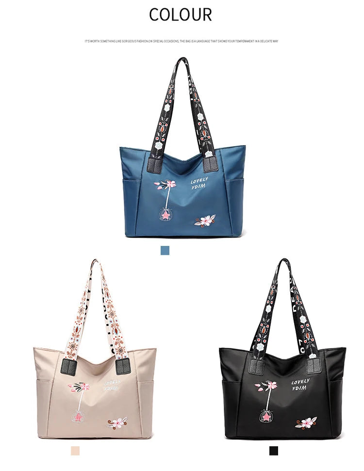 Waterproof Nylon Handbag – Large Capacity Women Shoulder Bag With Floral Embroidery - ZOOMNSTORE