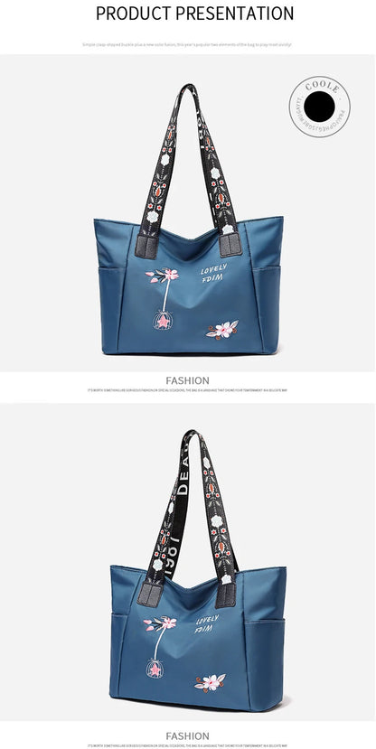 Waterproof Nylon Handbag – Large Capacity Women Shoulder Bag With Floral Embroidery - ZOOMNSTORE