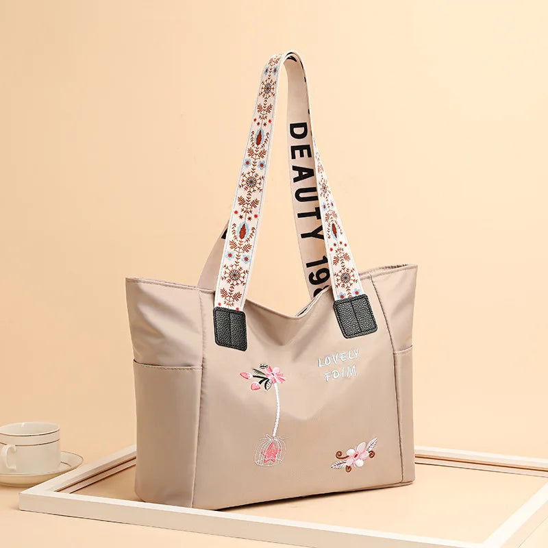 Waterproof Nylon Handbag – Large Capacity Women Shoulder Bag With Floral Embroidery - ZOOMNSTORE