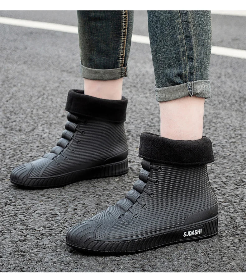 Waterproof Rain Boots - Men Women Casual Short Mid-Calf Lined Fleece Boots - ZOOMNSTORE