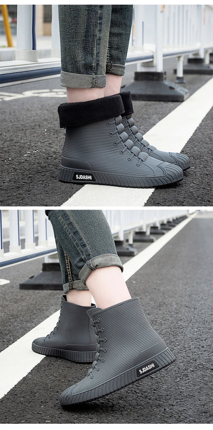 Waterproof Rain Boots - Men Women Casual Short Mid-Calf Lined Fleece Boots - ZOOMNSTORE