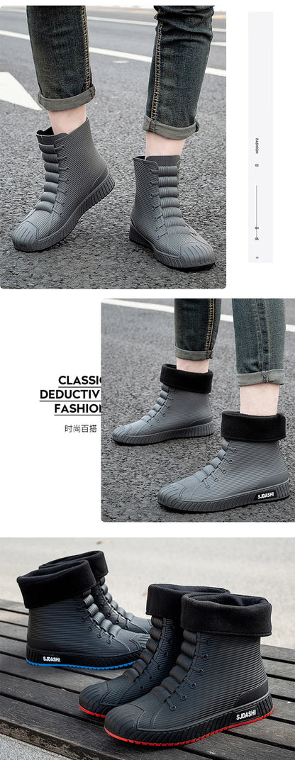 Waterproof Rain Boots - Men Women Casual Short Mid-Calf Lined Fleece Boots - ZOOMNSTORE