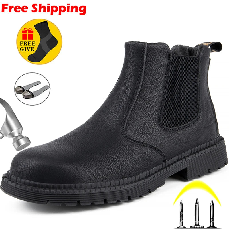 Waterproof Work Boots - Men Safety Steel Toe Leather Ankle Height Shoes - ZOOMNSTORE