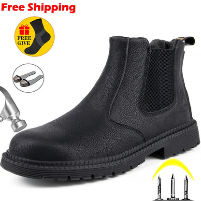 Waterproof Work Boots - Men Safety Steel Toe Leather Ankle Height Shoes - ZOOMNSTORE