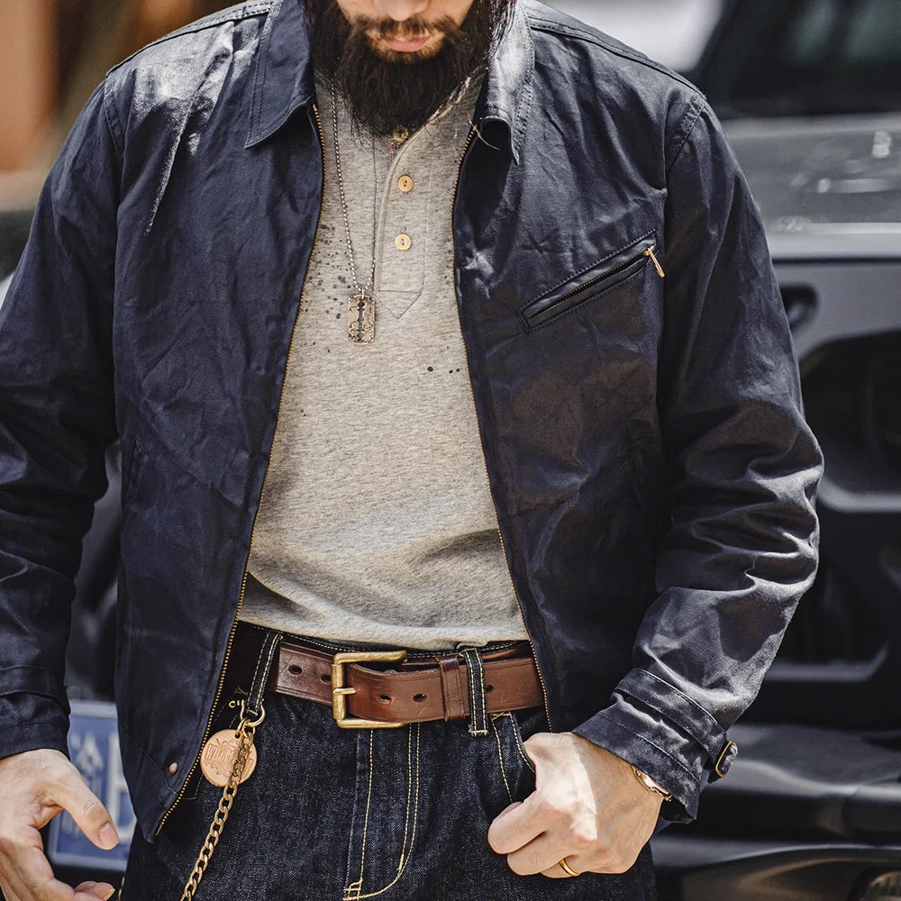 Mens Vintage Waxed Canvas Jacket - Classic Slim Fit SpringFall Outerwear - ZOOMNSTORE