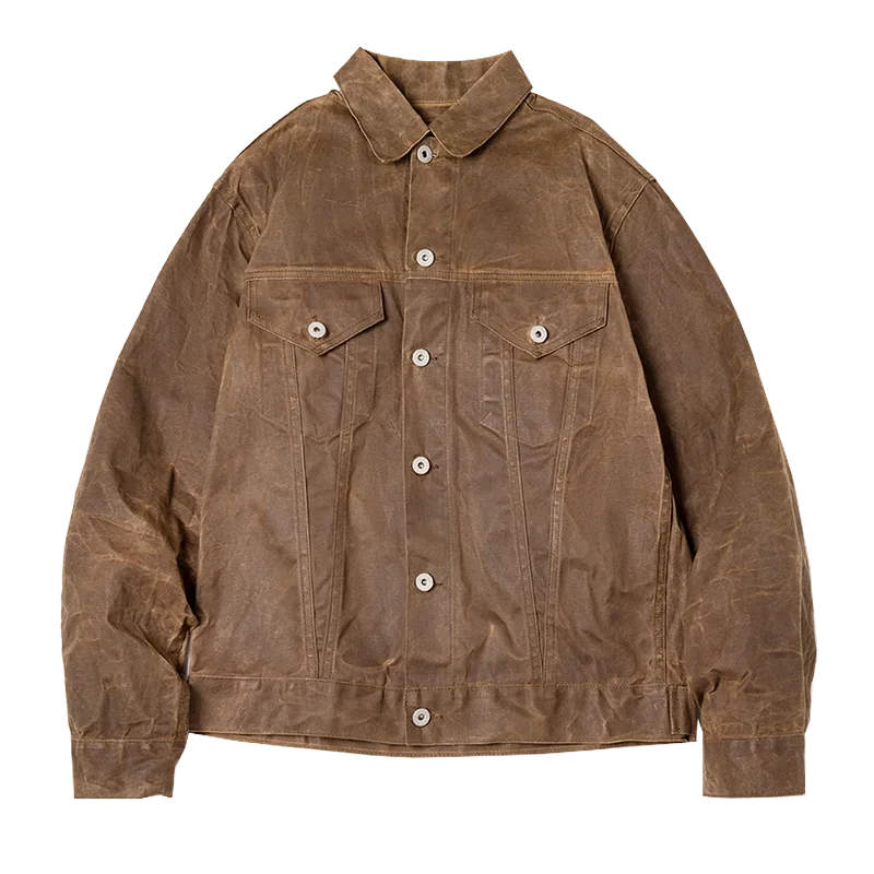 Retro Male Oil Waxed Jacket - Khaki Canvas Military Style Coat - ZOOMNSTORE