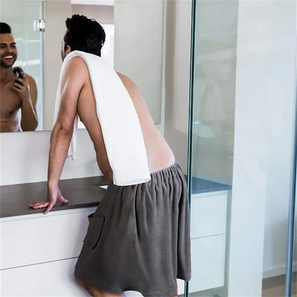 Mens Soft Bath Towel Robe - Wearable Shower Wrap with Pocket for Gym Sauna Beach Spa - ZOOMNSTORE