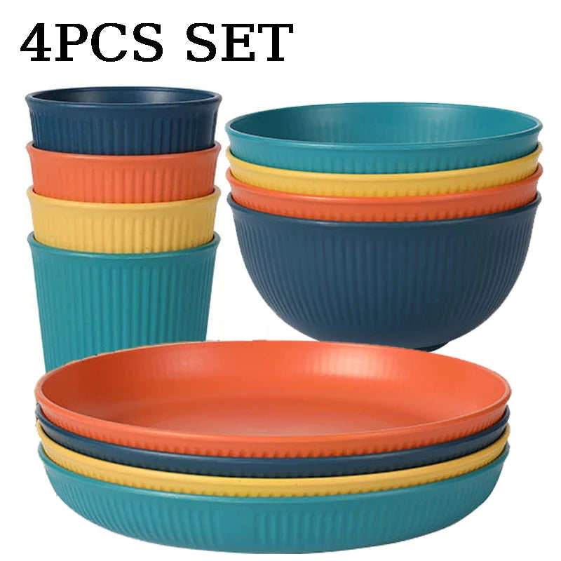 Eco-Friendly Wheat Straw Dinnerware Set - 4pcs Plates Cups Bowls for Home  Outdoor Use - ZOOMNSTORE