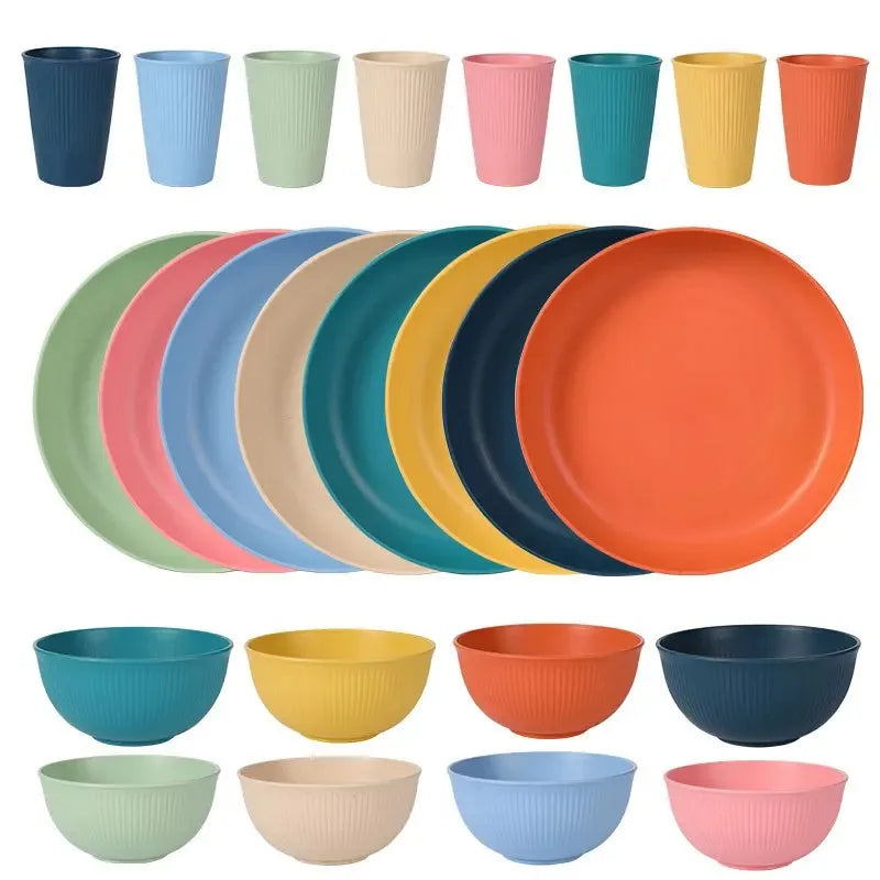 Eco-Friendly Wheat Straw Dinnerware Set - 4pcs Plates Cups Bowls for Home  Outdoor Use - ZOOMNSTORE