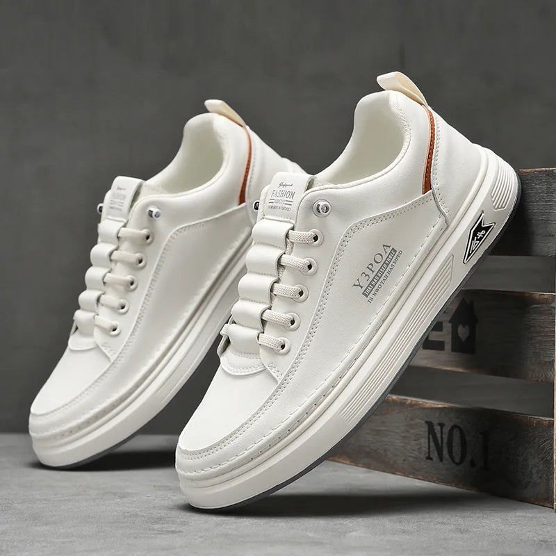 White Leather Sneakers – Men's Casual Shoes | Breathable, Lightweight, Lace-Up - ZOOMNSTORE
