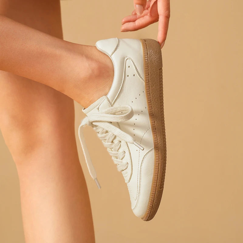 White Leather Sneakers for Women - Handmade Lace-up Training Shoes - ZOOMNSTORE