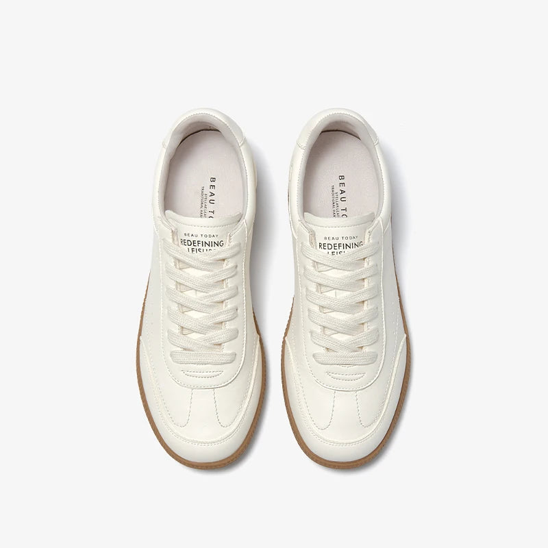 White Leather Sneakers for Women - Handmade Lace-up Training Shoes - ZOOMNSTORE