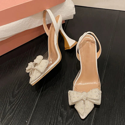 White Pearl Pumps - Elegant Women High Heels With Pearl Bowknot Design & Pointed Toe - ZOOMNSTORE
