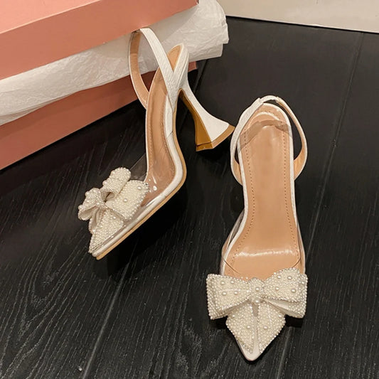 White Pearl Pumps - Elegant Women High Heels With Pearl Bowknot Design & Pointed Toe - ZOOMNSTORE