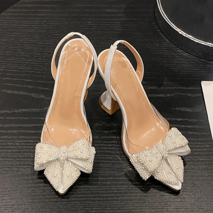 White Pearl Pumps - Elegant Women High Heels With Pearl Bowknot Design & Pointed Toe - ZOOMNSTORE