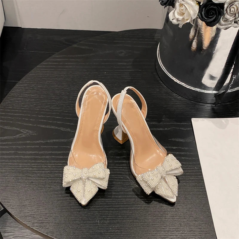 White Pearl Pumps - Elegant Women High Heels With Pearl Bowknot Design & Pointed Toe - ZOOMNSTORE