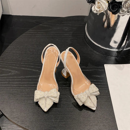 White Pearl Pumps - Elegant Women High Heels With Pearl Bowknot Design & Pointed Toe - ZOOMNSTORE