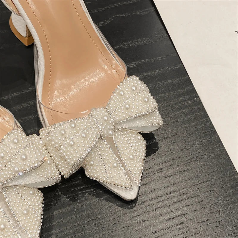 White Pearl Pumps - Elegant Women High Heels With Pearl Bowknot Design & Pointed Toe - ZOOMNSTORE