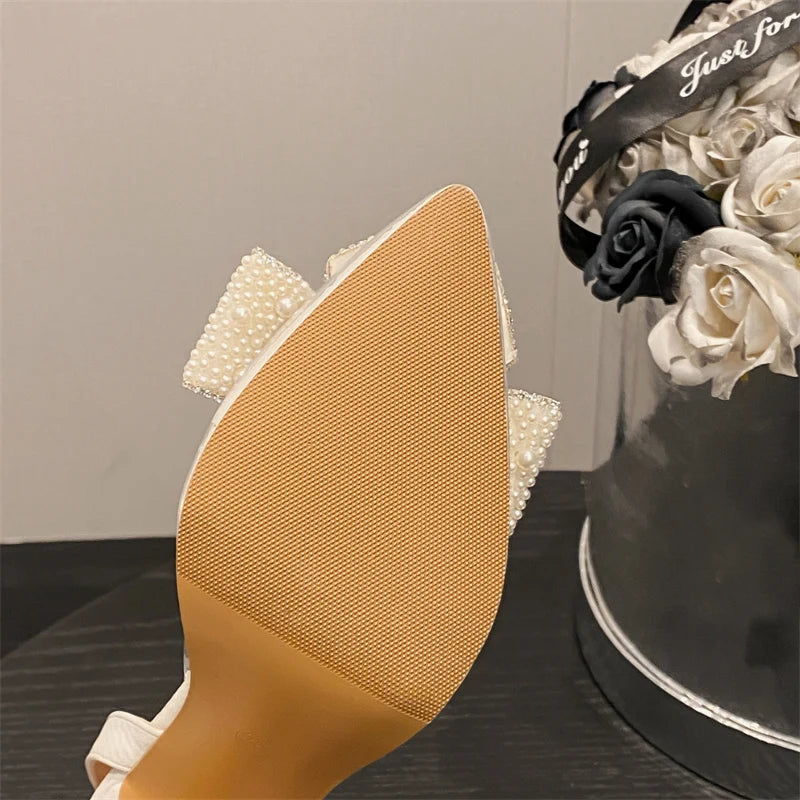White Pearl Pumps - Elegant Women High Heels With Pearl Bowknot Design & Pointed Toe - ZOOMNSTORE