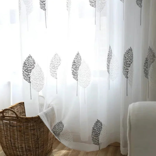 White Sheer Tulle Curtains - Modern Embroidered Translucent Window Drapes for Living Room  Bedroom - ZOOMNSTORE