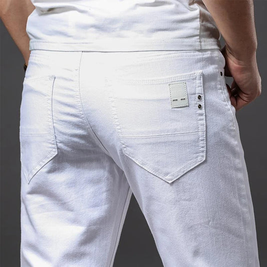 Mens White Stretch Slim Fit Jeans - Casual Business Denim Trousers - ZOOMNSTORE