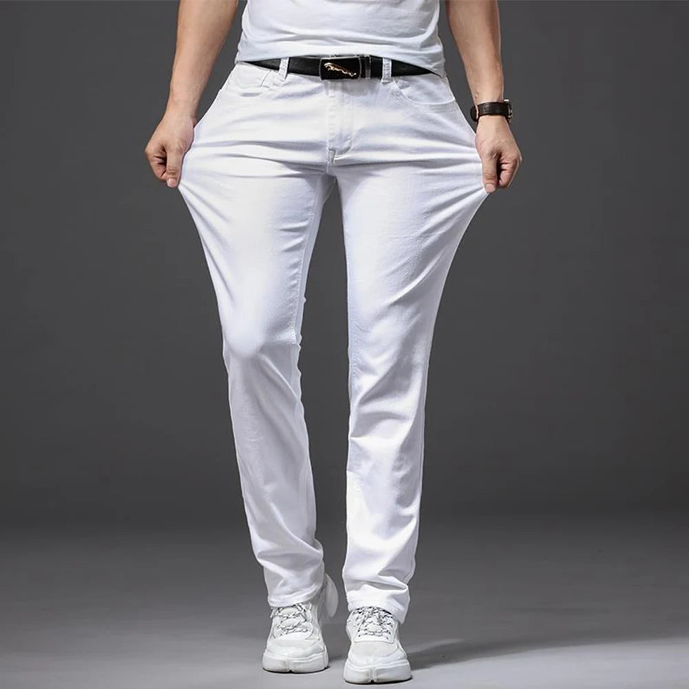 Mens White Stretch Slim Fit Jeans - Casual Business Denim Trousers - ZOOMNSTORE
