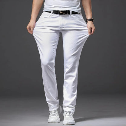 Mens White Stretch Slim Fit Jeans - Casual Business Denim Trousers - ZOOMNSTORE