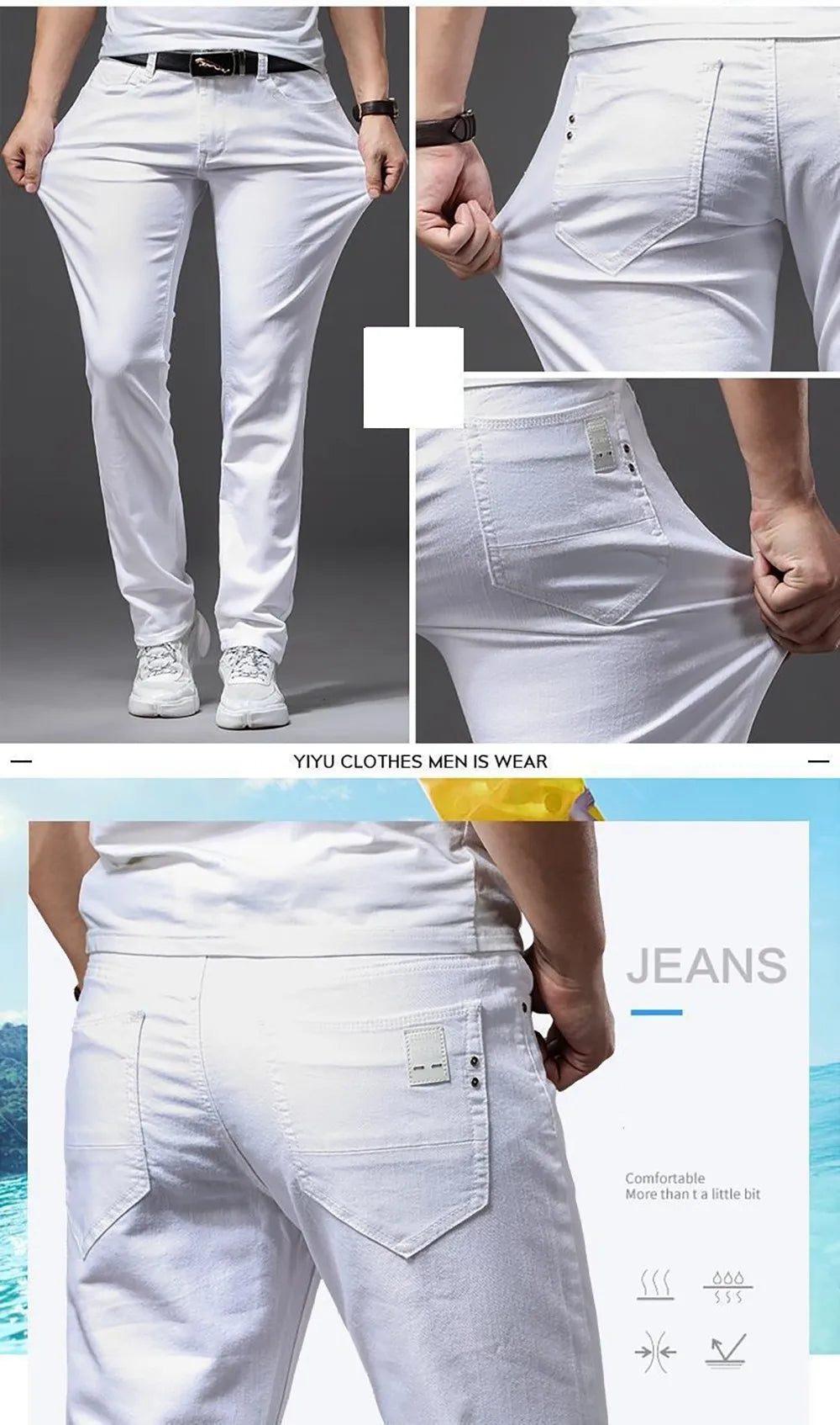 Mens White Stretch Slim Fit Jeans - Casual Business Denim Trousers - ZOOMNSTORE