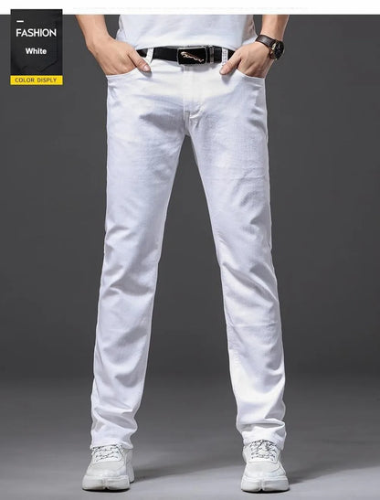 Mens White Stretch Slim Fit Jeans - Casual Business Denim Trousers - ZOOMNSTORE