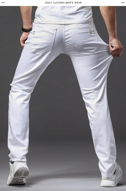 Mens White Stretch Slim Fit Jeans - Casual Business Denim Trousers - ZOOMNSTORE