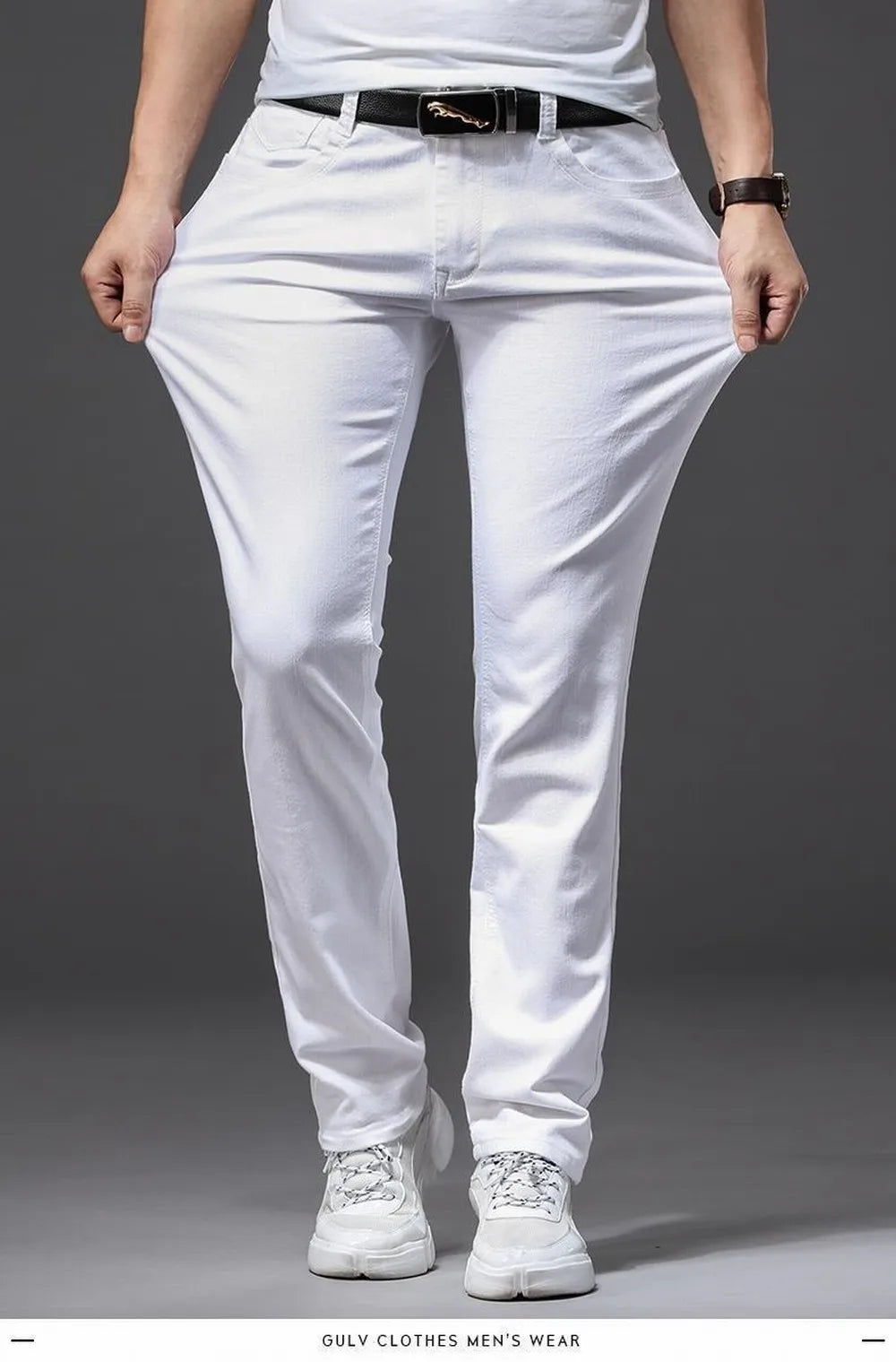 Mens White Stretch Slim Fit Jeans - Casual Business Denim Trousers - ZOOMNSTORE