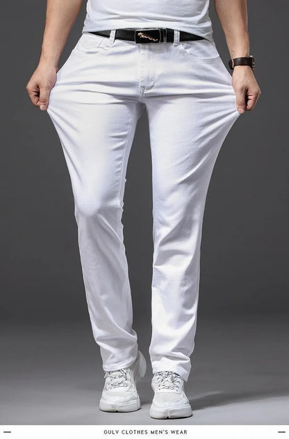 Mens White Stretch Slim Fit Jeans - Casual Business Denim Trousers - ZOOMNSTORE