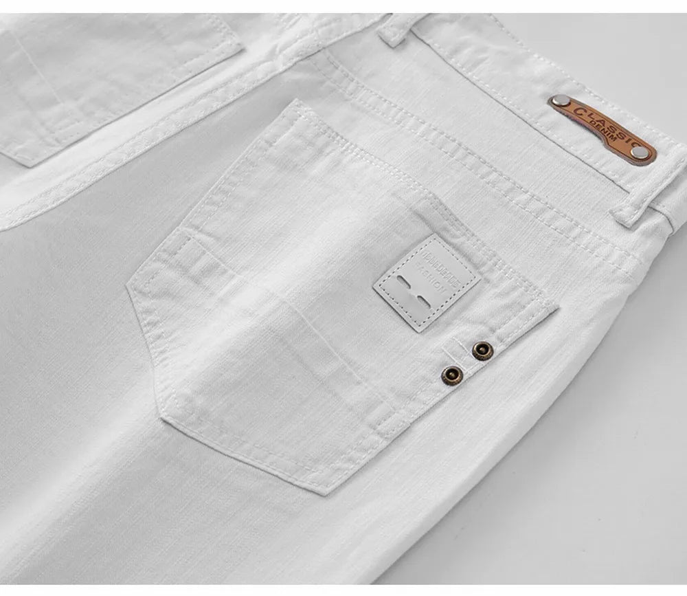 Mens White Stretch Slim Fit Jeans - Casual Business Denim Trousers - ZOOMNSTORE