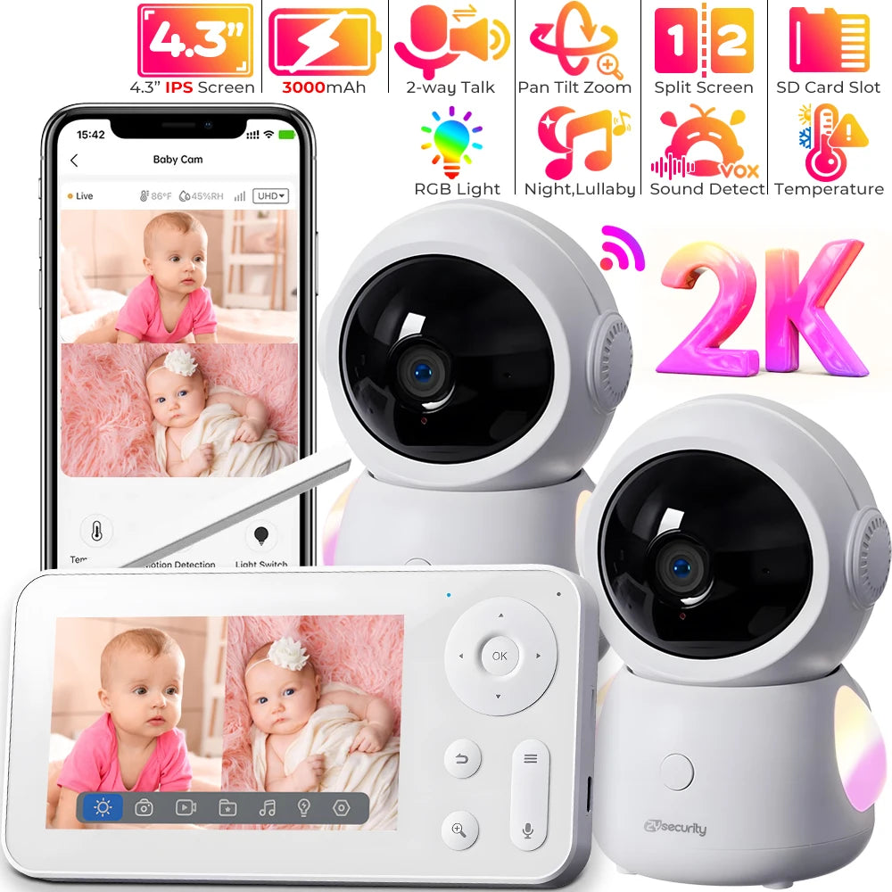2K 3MP WiFi Baby Monitor with Two Camera Split-Screen Baby Phone via APP Control & 4.3" IPS Screen Auto Tracking PTZ Baby Camera - ZOOMNSTORE