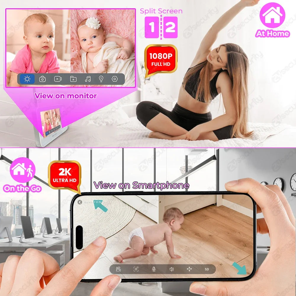 2K 3MP WiFi Baby Monitor with Two Camera Split-Screen Baby Phone via APP Control & 4.3" IPS Screen Auto Tracking PTZ Baby Camera - ZOOMNSTORE
