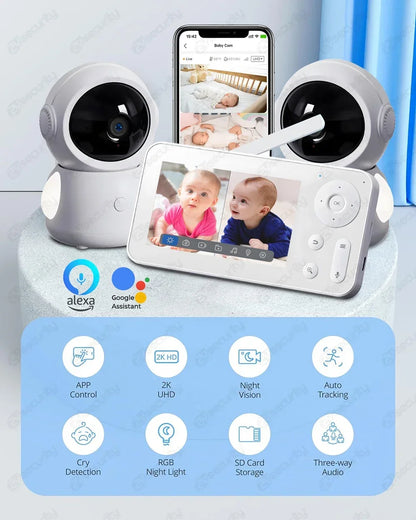 2K 3MP WiFi Baby Monitor with Two Camera Split-Screen Baby Phone via APP Control & 4.3" IPS Screen Auto Tracking PTZ Baby Camera - ZOOMNSTORE