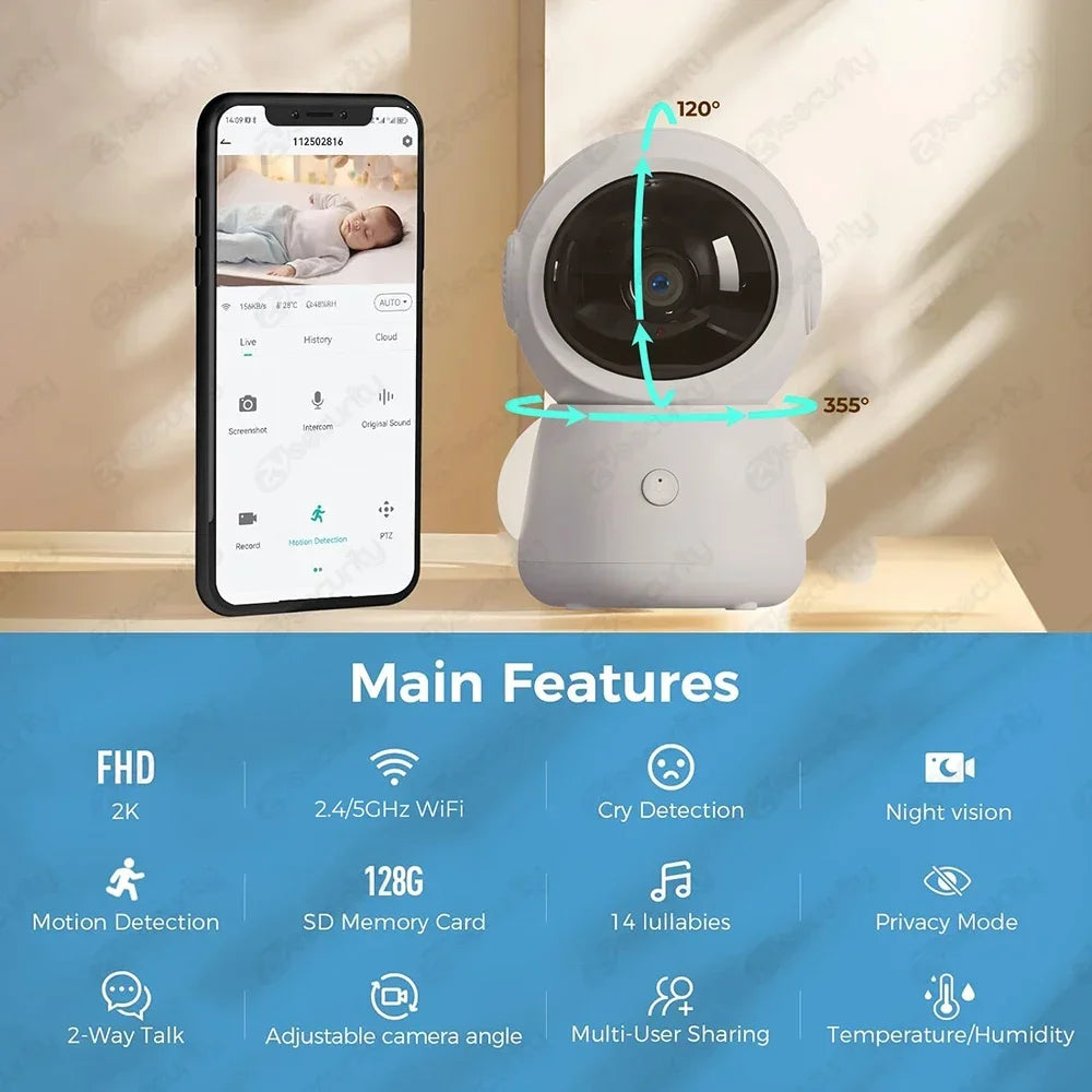 2K 3MP WiFi Baby Monitor with Two Camera Split-Screen Baby Phone via APP Control & 4.3" IPS Screen Auto Tracking PTZ Baby Camera - ZOOMNSTORE