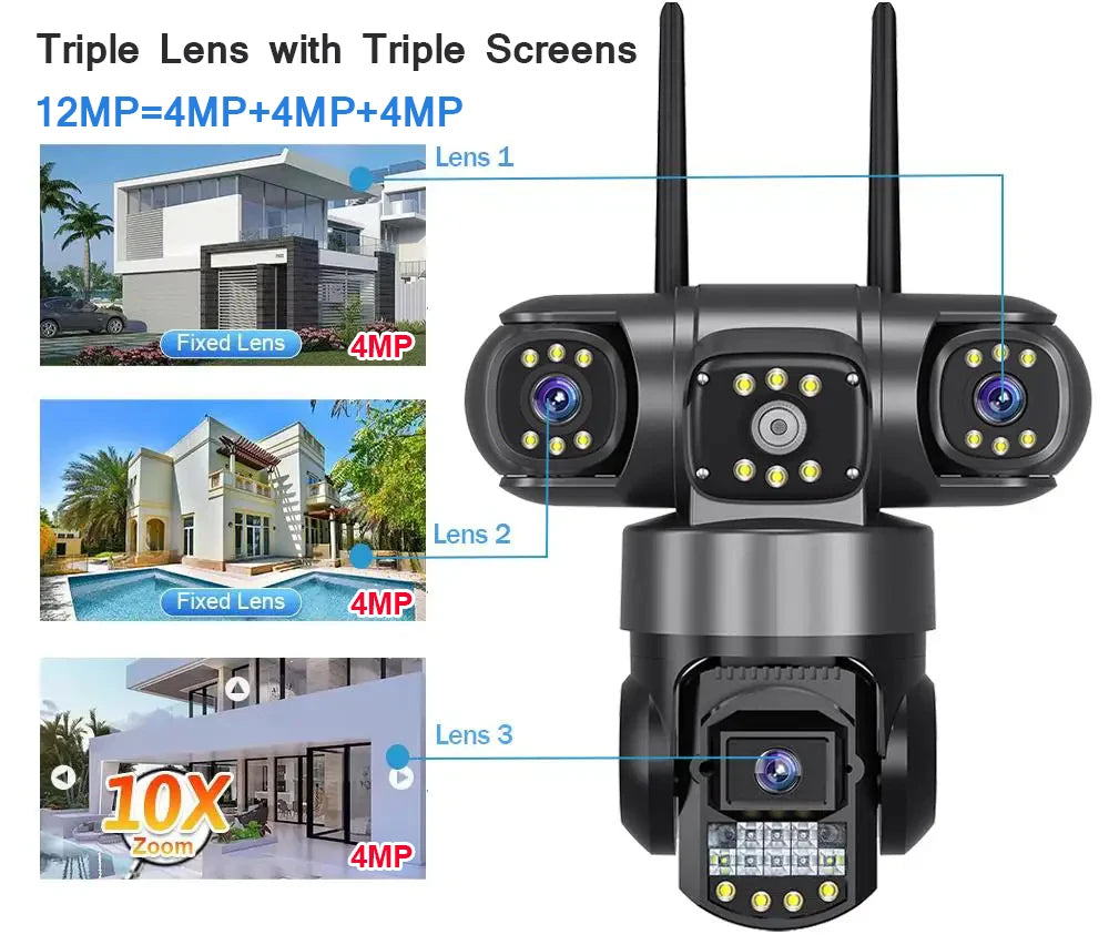 V380 Pro 12MP 6K Outdoor WiFi IP Camera - Triple Lens Waterproof Security CCTV with Night Vision - ZOOMNSTORE