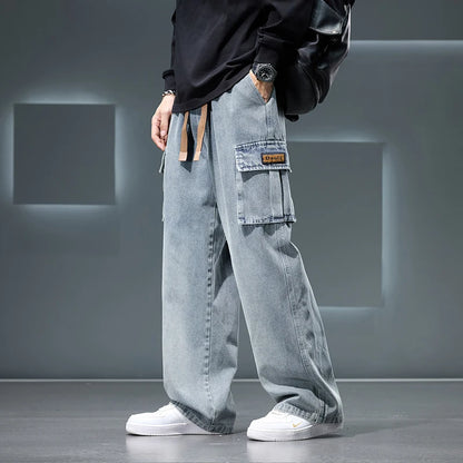 Wide Leg Cargo Pants - Men's Casual Trousers With Drawstring Waist & Pockets - ZOOMNSTORE
