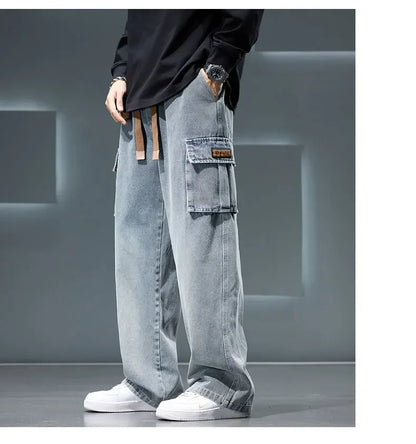 Wide Leg Cargo Pants - Men's Casual Trousers With Drawstring Waist & Pockets - ZOOMNSTORE